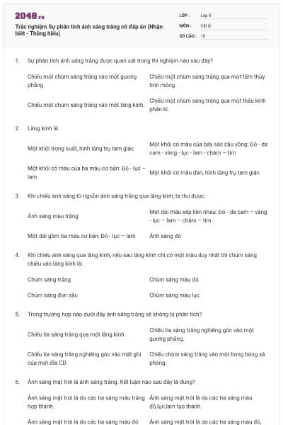 Trắc nghiệm Sự phân tích ánh sáng trắng có đáp án (Nhận biết - Thông hiểu)