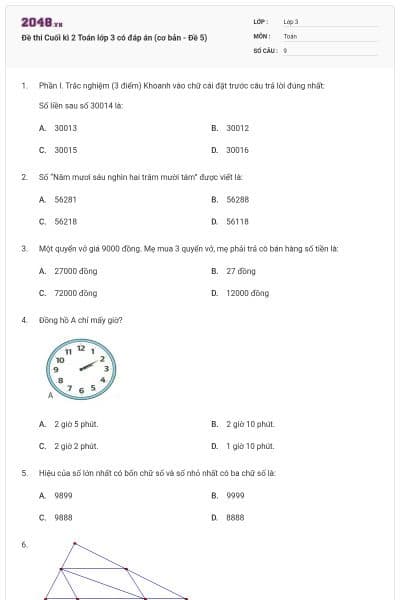 Đề thi Cuối kì 2 Toán lớp 3 có đáp án (cơ bản - Đề 5)