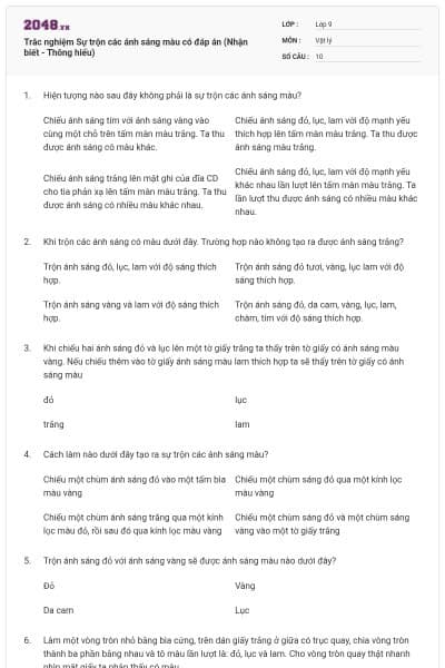 Trắc nghiệm Sự trộn các ánh sáng màu có đáp án (Nhận biết - Thông hiểu)