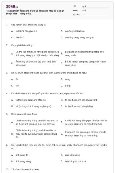 Trắc nghiệm Ánh sáng trắng và ánh sáng màu có đáp án (Nhận biết -Thông hiểu)