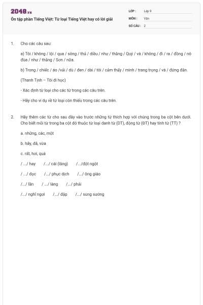 Ôn tập phần Tiếng Việt: Từ loại Tiếng Việt hay có lời giải