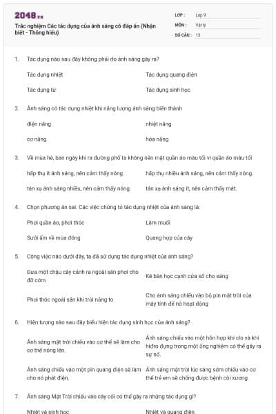 Trắc nghiệm Các tác dụng của ánh sáng có đáp án (Nhận biết - Thông hiểu)