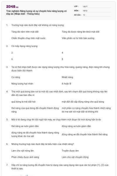 Trắc nghiệm Năng lượng và sự chuyển hóa năng lượng có đáp án (Nhận biết - Thông hiểu)