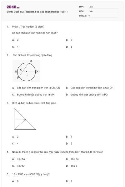 Đề thi Cuối kì 2 Toán lớp 3 có đáp án (nâng cao - Đề 1)