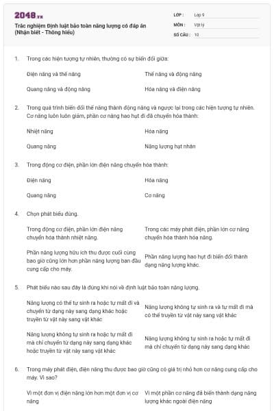 Trắc nghiệm Định luật bảo toàn năng lượng có đáp án (Nhận biết - Thông hiểu)