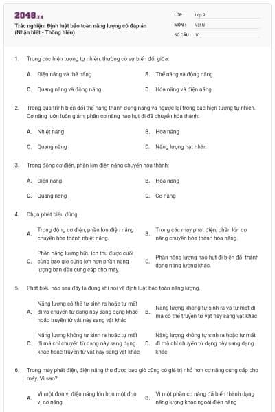 Trắc nghiệm Định luật bảo toàn năng lượng có đáp án (Nhận biết - Thông hiểu)