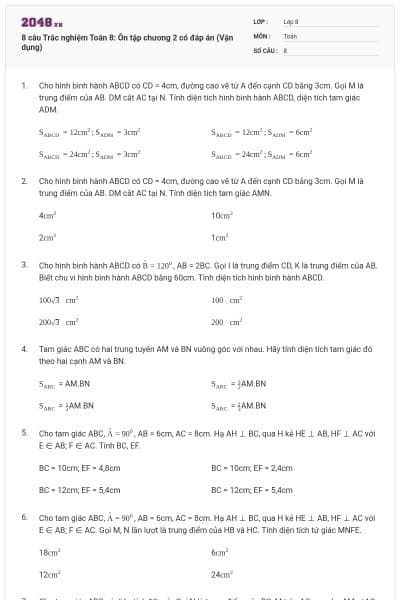 8 câu Trắc nghiệm Toán 8: Ôn tập chương 2 có đáp án (Vận dụng)