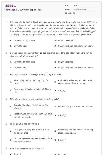 Đề thi Học kì 2 GDCD 8 có đáp án (Đề 2)