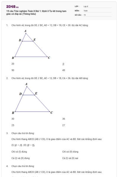 19 câu Trắc nghiệm Toán 8 Bài 1: Định lí Ta-lét trong tam giác có đáp án (Thông hiểu)