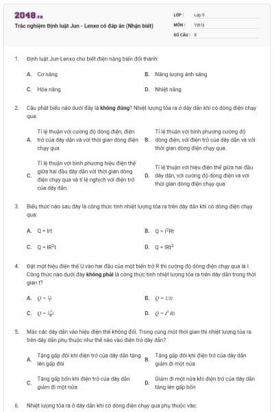 Trắc nghiệm Định luật Jun - Lenxo có đáp án (Nhận biết)