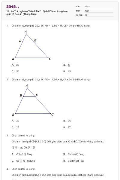 19 câu Trắc nghiệm Toán 8 Bài 1: Định lí Ta-lét trong tam giác có đáp án (Thông hiểu)