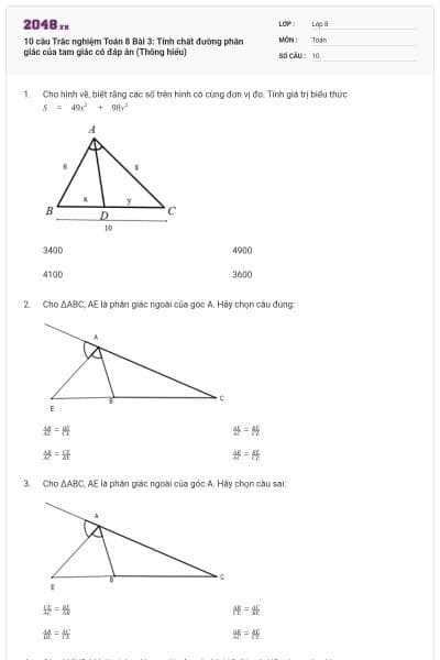 10 câu Trắc nghiệm Toán 8 Bài 3: Tính chất đường phân giác của tam giác có đáp án (Thông hiểu)