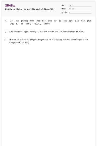 Đề kiểm tra 15 phút Hóa học 9 Chương 2 có đáp án (Đề 1)