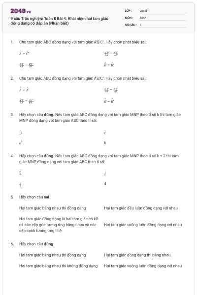 9 câu Trắc nghiệm Toán 8 Bài 4: Khái niệm hai tam giác đồng dạng có đáp án (Nhận biết)