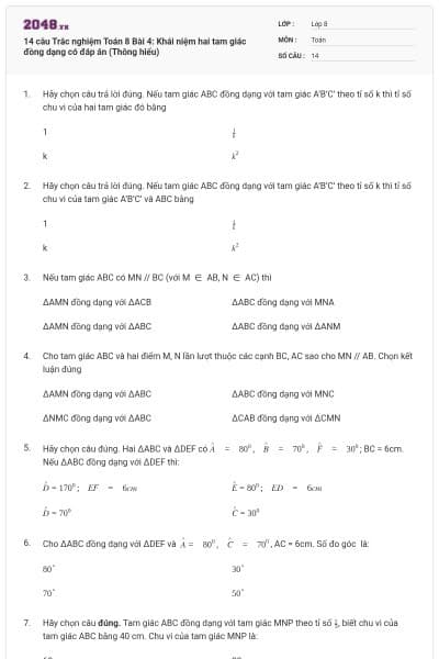 14 câu Trắc nghiệm Toán 8 Bài 4: Khái niệm hai tam giác đồng dạng có đáp án (Thông hiểu)