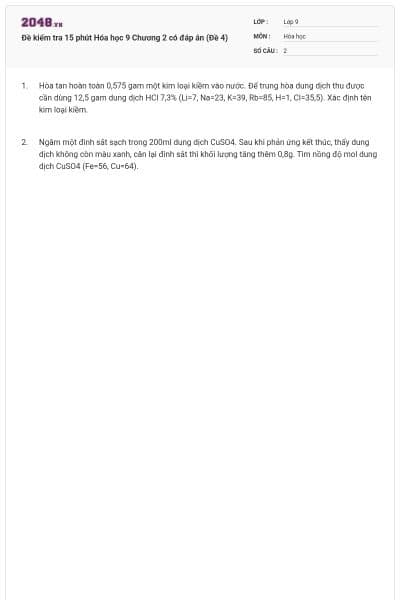 Đề kiểm tra 15 phút Hóa học 9 Chương 2 có đáp án (Đề 4)