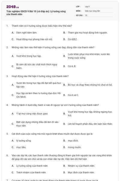 Trắc nghiệm GDCD 9 Bài 10 (có đáp án): Lý tưởng sống của thanh niên