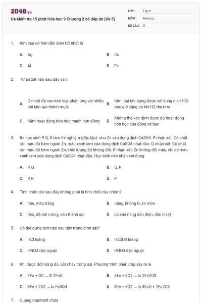 Đề kiểm tra 15 phút Hóa học 9 Chương 2 có đáp án (Đề 5)