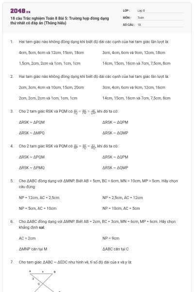 18 câu Trắc nghiệm Toán 8 Bài 5: Trường hợp đồng dạng thứ nhất có đáp án (Thông hiểu)