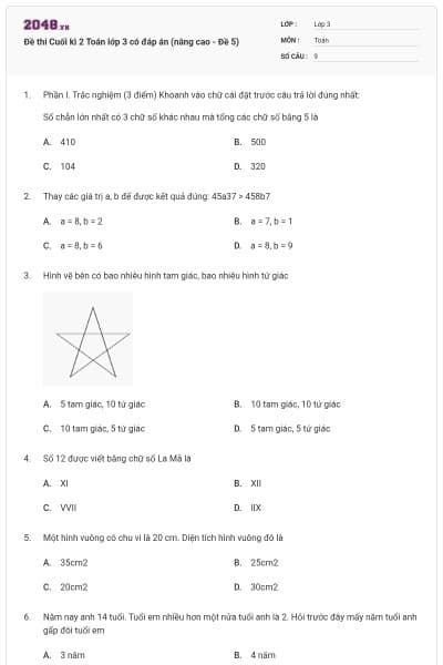 Đề thi Cuối kì 2 Toán lớp 3 có đáp án (nâng cao - Đề 5)