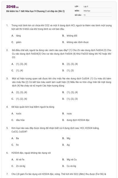 Đề kiểm tra 1 tiết Hóa học 9 Chương 2 có đáp án (Đề 2)