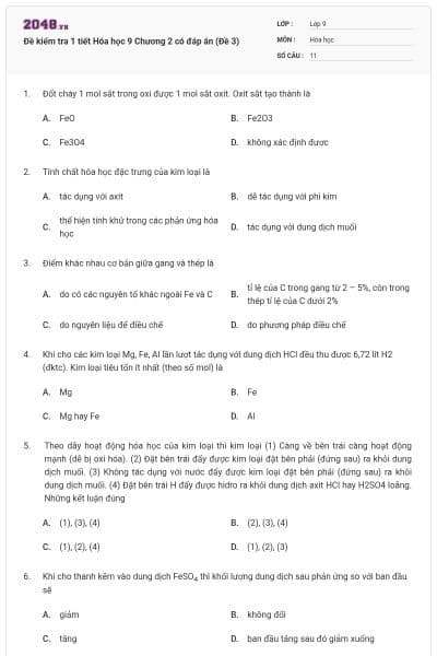 Đề kiểm tra 1 tiết Hóa học 9 Chương 2 có đáp án (Đề 3)