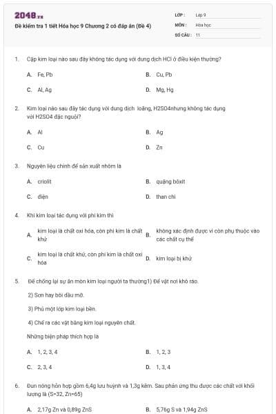 Đề kiểm tra 1 tiết Hóa học 9 Chương 2 có đáp án (Đề 4)