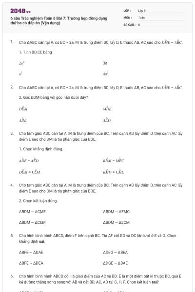 6 câu Trắc nghiệm Toán 8 Bài 7: Trường hợp đồng dạng thứ ba có đáp án (Vận dụng)
