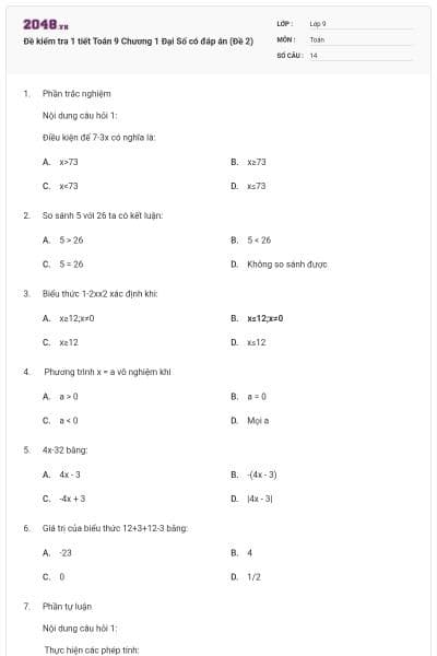 Đề kiểm tra 1 tiết Toán 9 Chương 1 Đại Số có đáp án (Đề 2)
