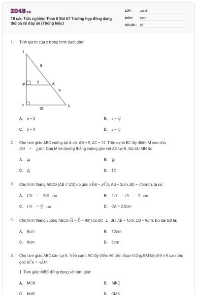 18 câu Trắc nghiệm Toán 8 Bài 67 Trường hợp đồng dạng thứ ba có đáp án (Thông hiểu)