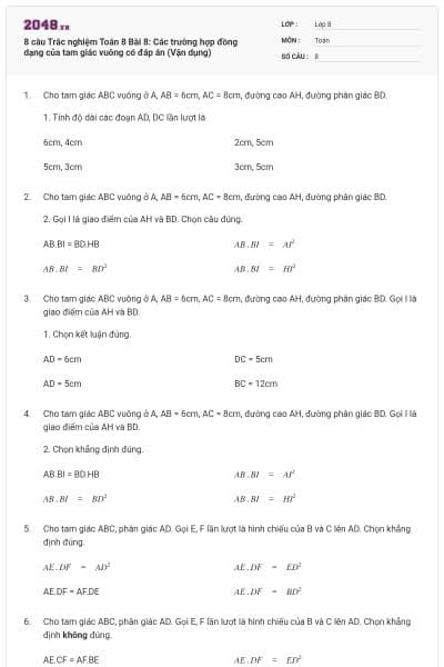 8 câu Trắc nghiệm Toán 8 Bài 8: Các trường hợp đồng dạng của tam giác vuông có đáp án (Vận dụng)