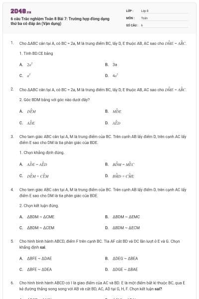 6 câu Trắc nghiệm Toán 8 Bài 7: Trường hợp đồng dạng thứ ba có đáp án (Vận dụng)