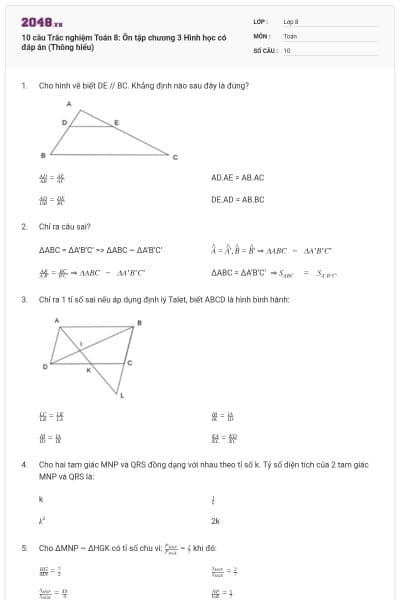 10 câu Trắc nghiệm Toán 8: Ôn tập chương 3 Hình học có đáp án (Thông hiểu)