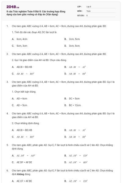 8 câu Trắc nghiệm Toán 8 Bài 8: Các trường hợp đồng dạng của tam giác vuông có đáp án (Vận dụng)