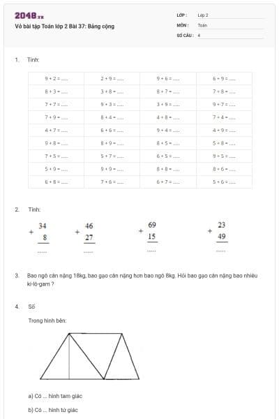Vở bài tập Toán lớp 2 Bài 37: Bảng cộng
