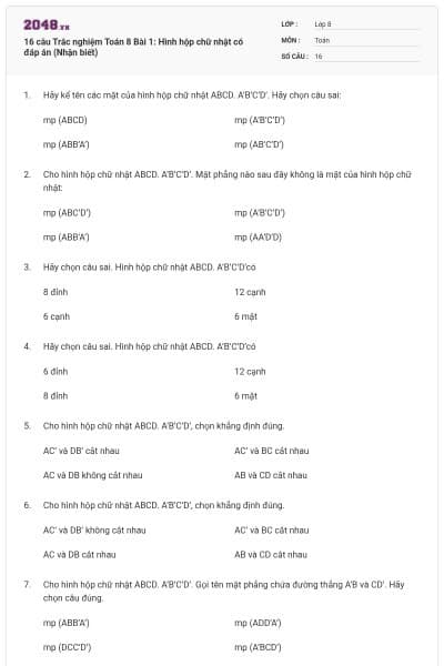 16 câu Trắc nghiệm Toán 8 Bài 1: Hình hộp chữ nhật có đáp án (Nhận biết)