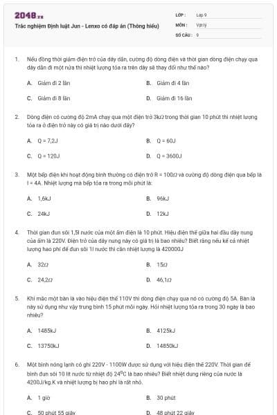 Trắc nghiệm Định luật Jun - Lenxo có đáp án (Thông hiểu)