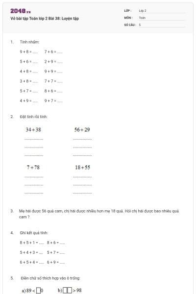 Vở bài tập Toán lớp 2 Bài 38: Luyện tập