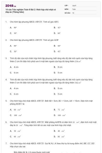 10 câu Trắc nghiệm Toán 8 Bài 2: Hình hộp chữ nhật có đáp án (Thông hiểu)