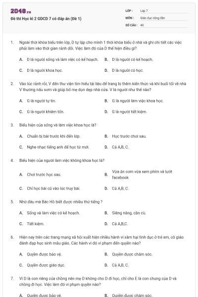 Đề thi Học kì 2 GDCD 7 có đáp án (Đề 1)