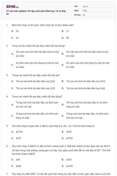 37 câu trắc nghiệm: Ôn tập cuối năm Hình học 12 có đáp án