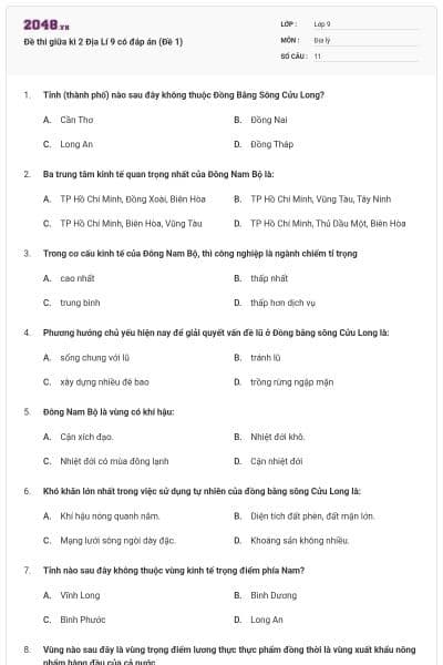 Đề thi giữa kì 2 Địa Lí 9 có đáp án (Đề 1)