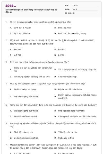21 câu trắc nghiệm Biến dạng cơ của vật rắn cực hay có đáp án