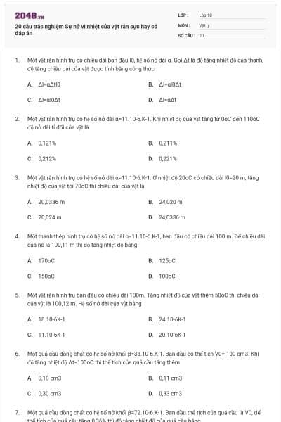 20 câu trắc nghiệm Sự nở vì nhiệt của vật rắn cực hay có đáp án