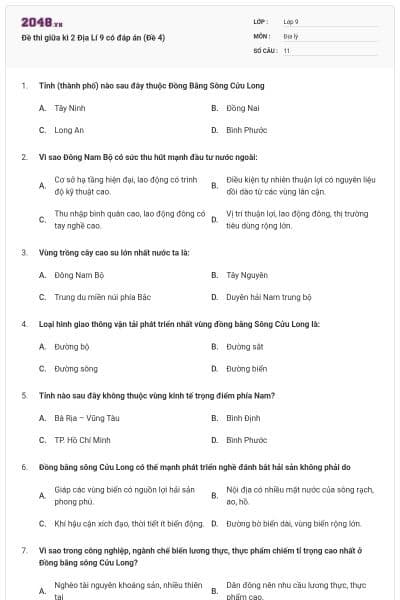 Đề thi giữa kì 2 Địa Lí 9 có đáp án (Đề 4)