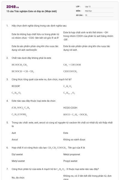 15 câu Trắc nghiệm Este có đáp án (Nhận biết)