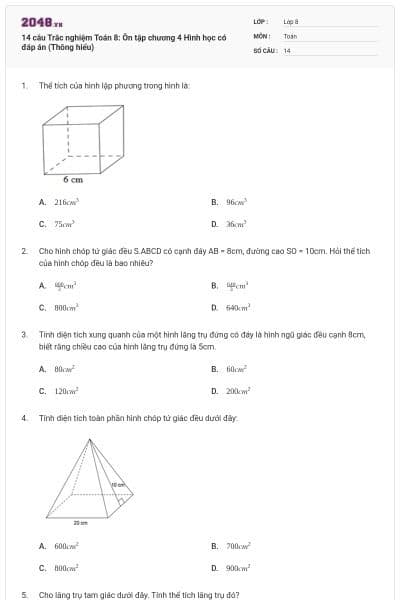 14 câu Trắc nghiệm Toán 8: Ôn tập chương 4 Hình học có đáp án (Thông hiểu)