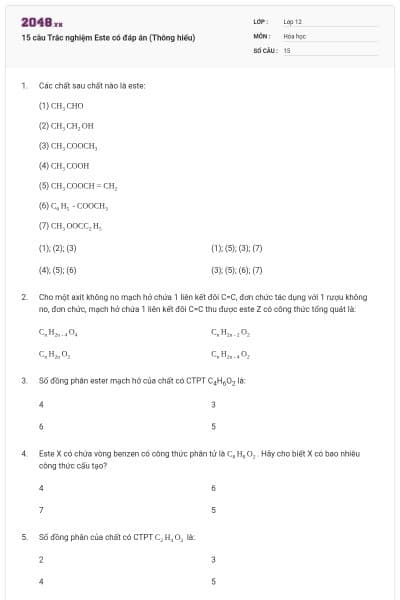 15 câu Trắc nghiệm Este có đáp án (Thông hiểu)