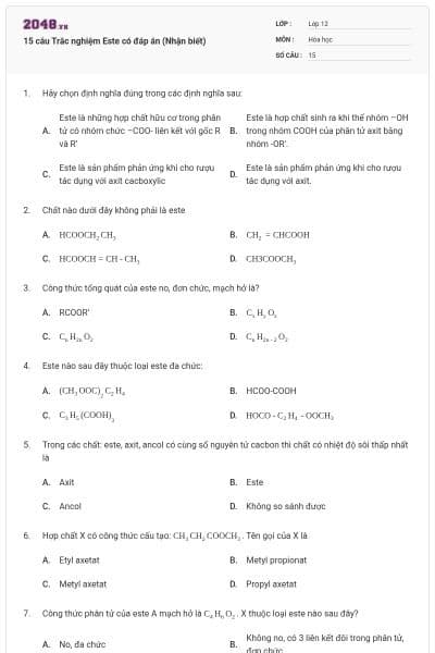 15 câu Trắc nghiệm Este có đáp án (Nhận biết)