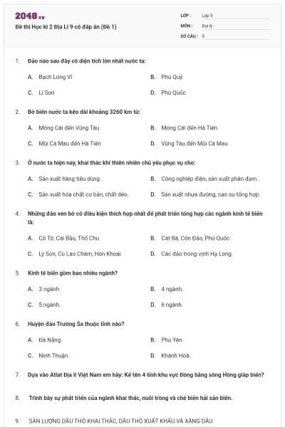 Đề thi Học kì 2 Địa Lí 9 có đáp án (Đề 1)